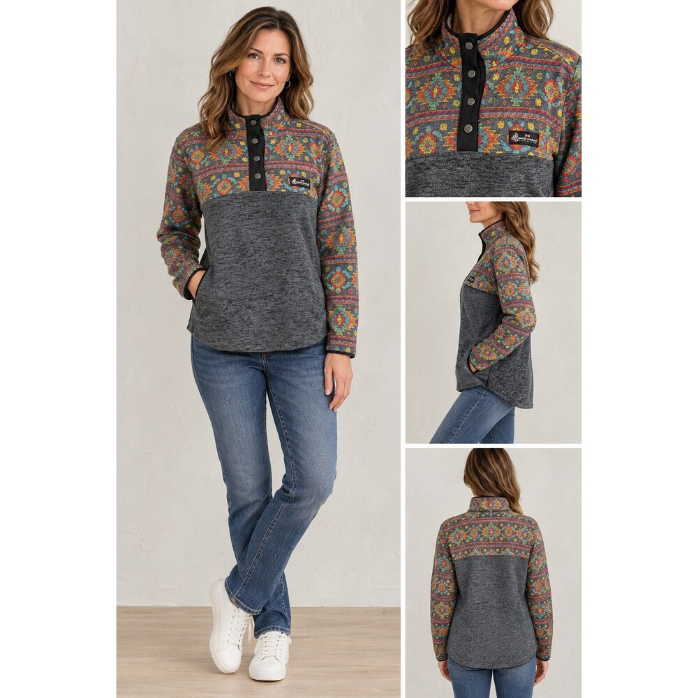Simply Southern Pullover XL Grey Southwestern Geometric Snap Neck Fleece